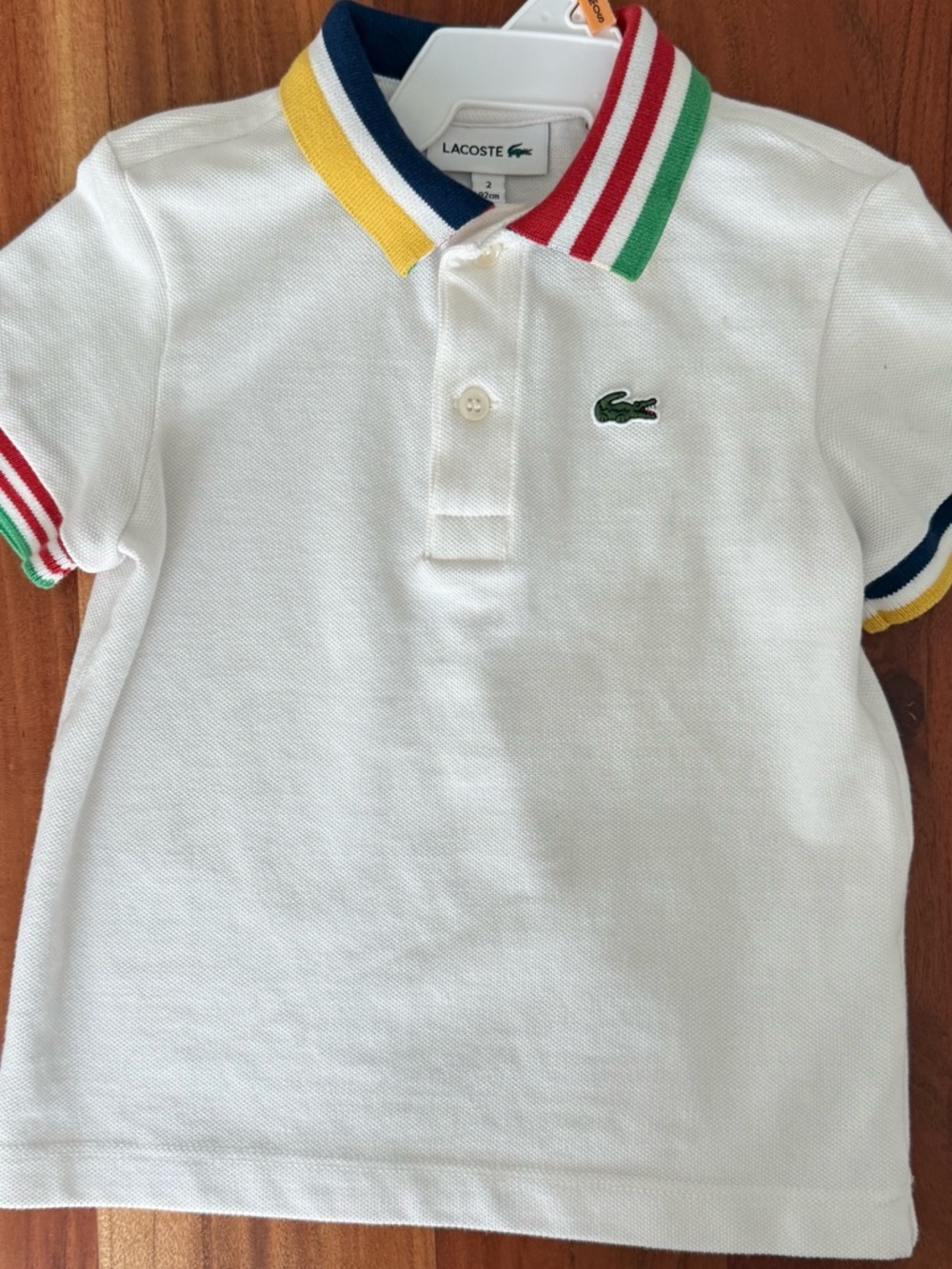 Lacoste White Kids Polo with Multicolor Stripe Collar and Trim